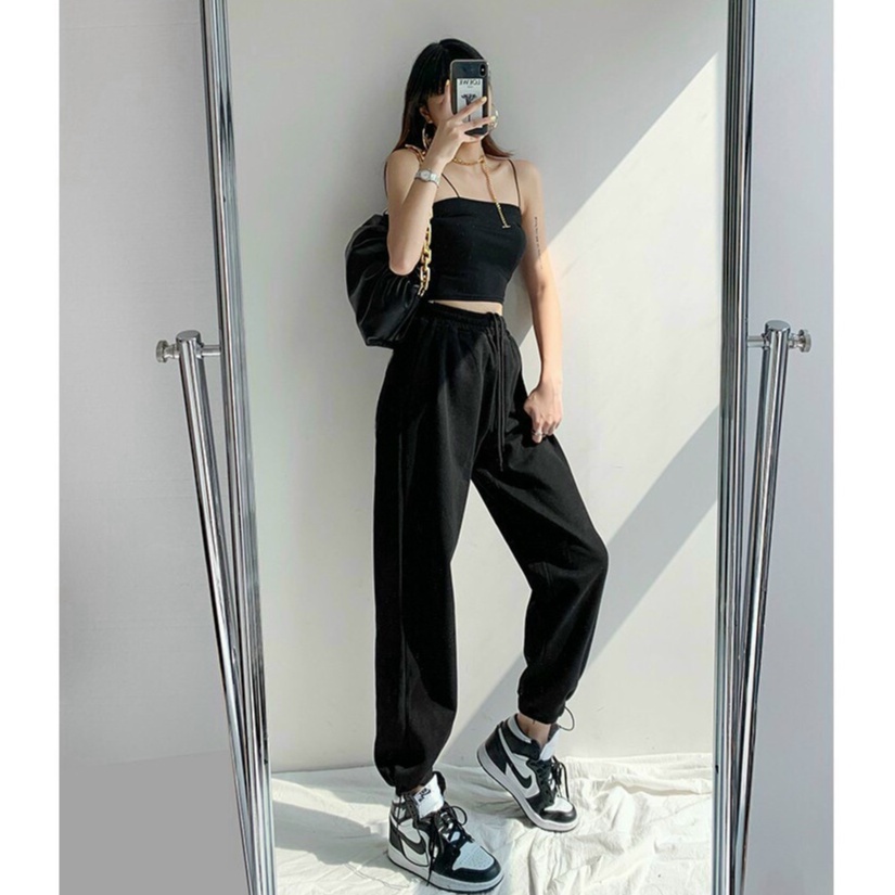 Quần nỉ nữ ống rộng bo gấu chất vải da cá dày dây rút cạp thun chun Quần thể thao nữ jogger dài ống suông