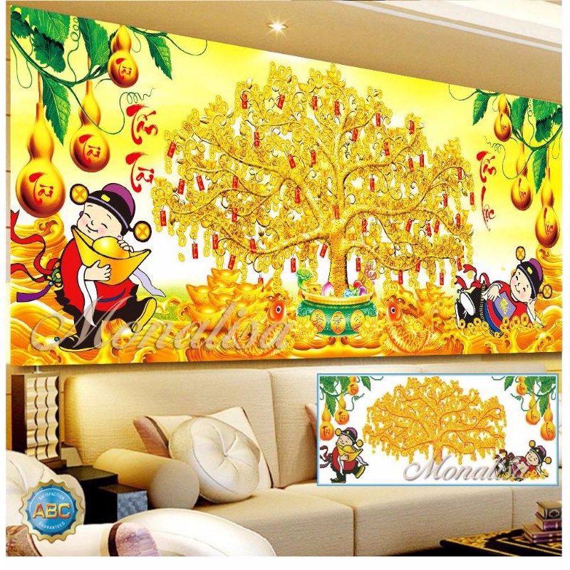 Tranh đính đá Cây Tiền Thần Tài Phát Lộc KT:1m30x60cm