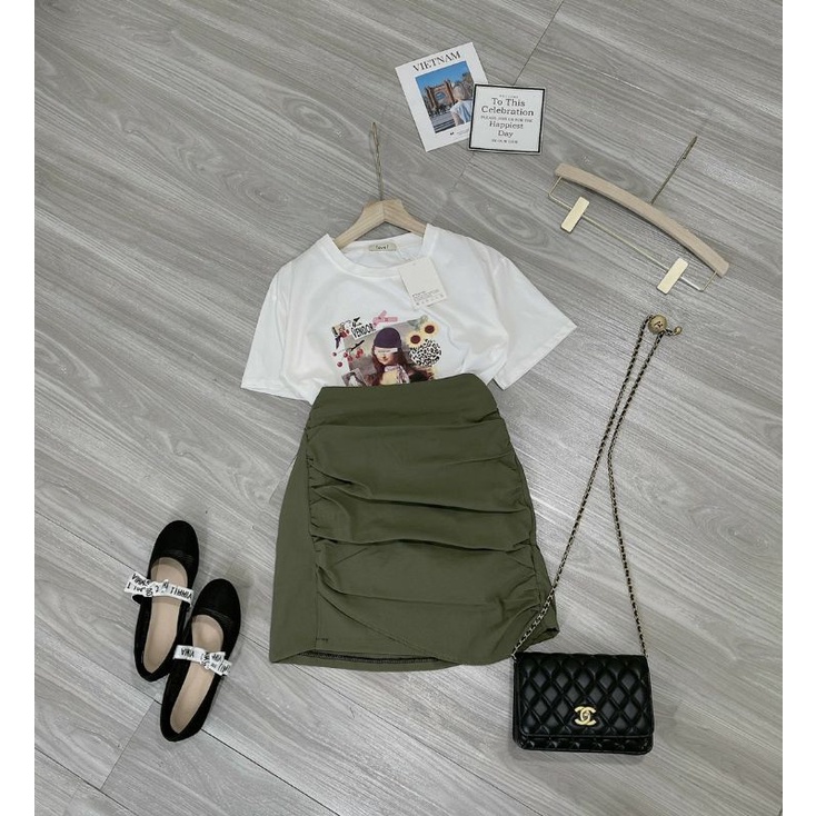 SET ÁO PHÔNG IN HÌNH 5D MIX CHÂN VÁY ZÚM XẺ XANH RÊU