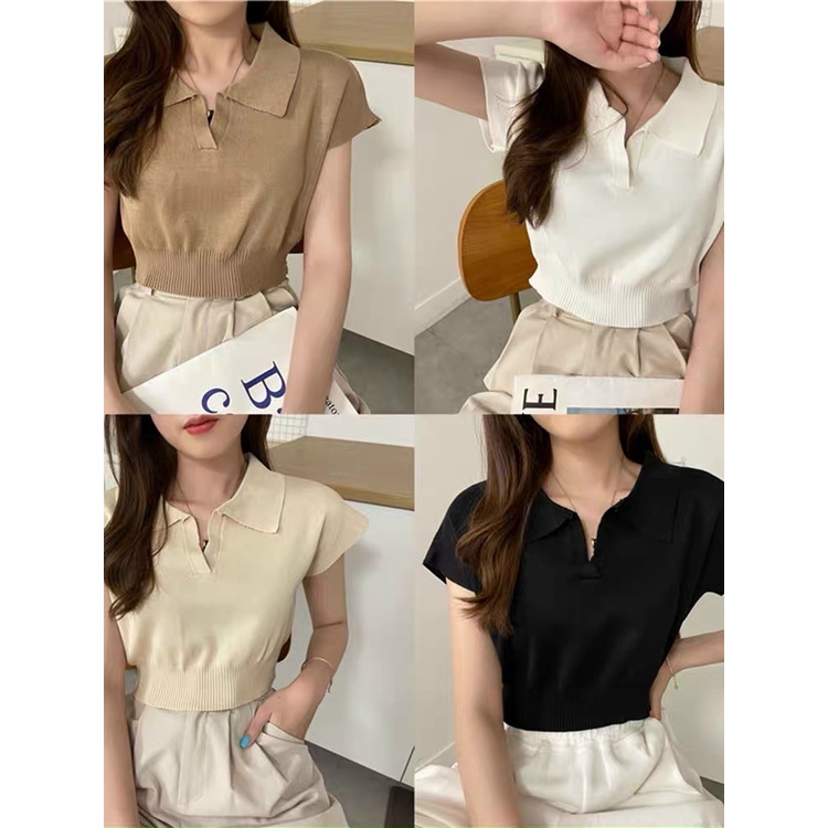 Áo Dệt Kim Croptop, Polo Nữ Cổ Đức Cộc Tay Hàng Quảng Châu Loại 1 Ailee