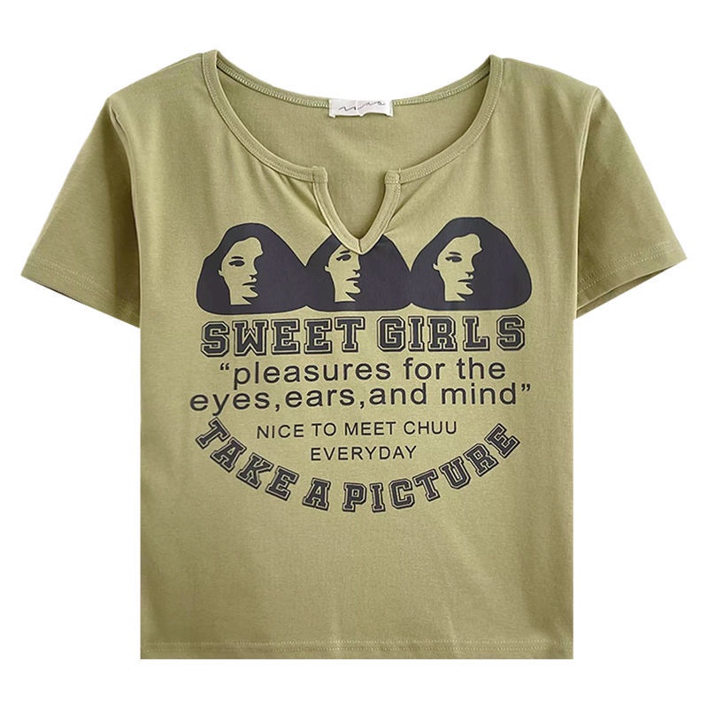 Áo Thun Cotton Tay Ngắn Cổ Chữ V In Họa Tiết Phong Cách Vintage