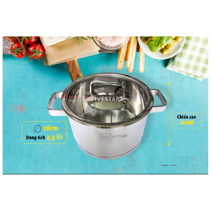 Nồi inox 304 thân cao 3 đáy nắp kính 18cm FIVESTAR N18NKB