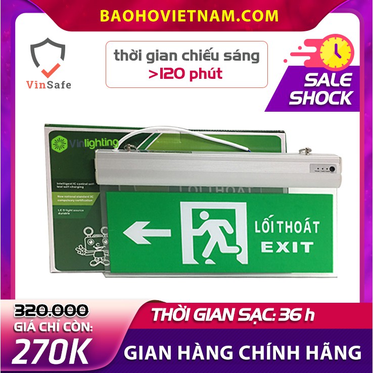 Đèn exit chỉ dẫn thoát hiểm bên trái, thời gian chiếu sáng > 120 phút, tiết kiệm điện, bảo hành 6 tháng