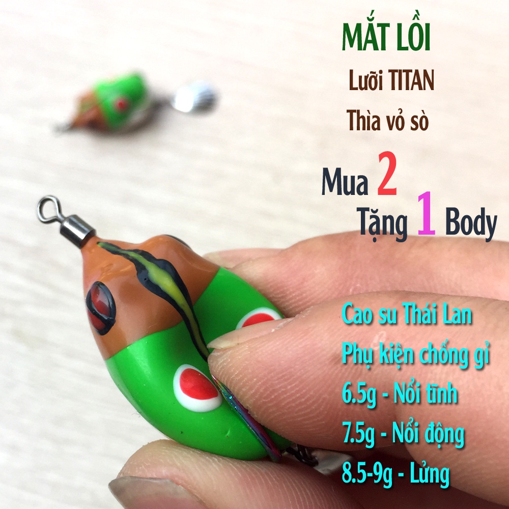 Nhái hơi MẮT LỒI,chống vướng cao, lưỡi Titan, thìa vỏ sò, dài 4cm, lắp lưỡi 1/0