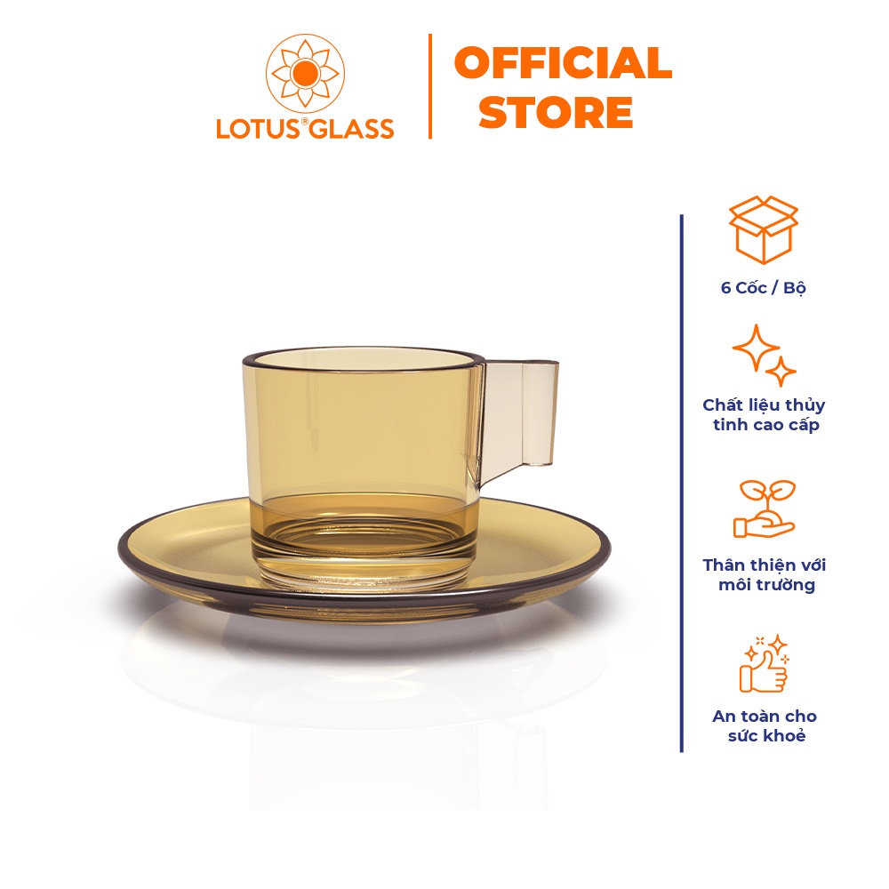 Bộ cốc đĩa uống trà nóng thủy tinh LOTUS GLASS VTC47 màu hổ phách trong suốt có quai cao cấp, an toàn