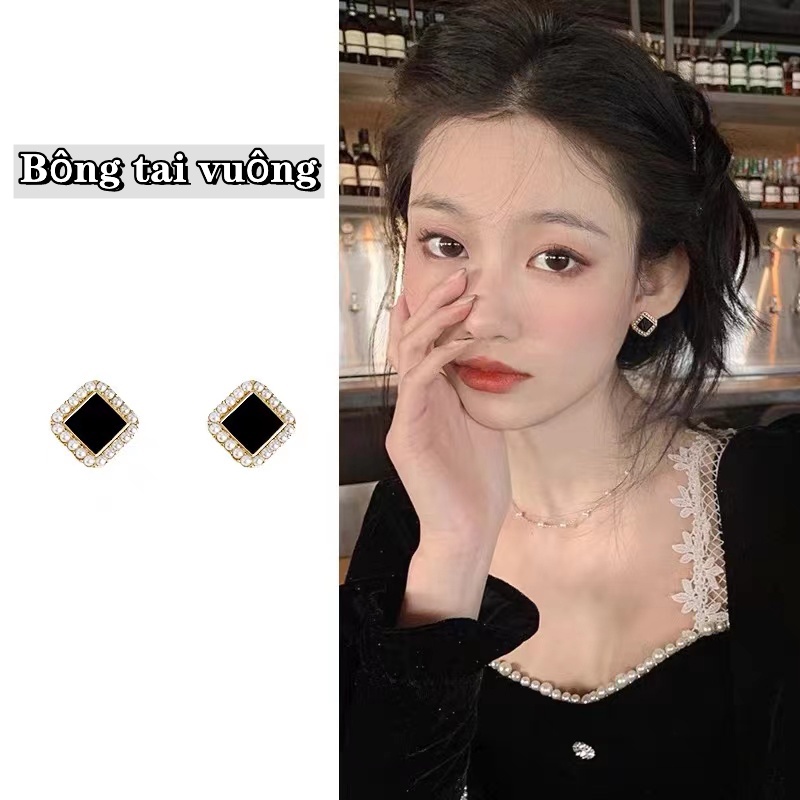 Bông Tai Hình Vuông Đính Ngọc Trai Đen Phong Cách Retro Thời Trang Cho Nữ