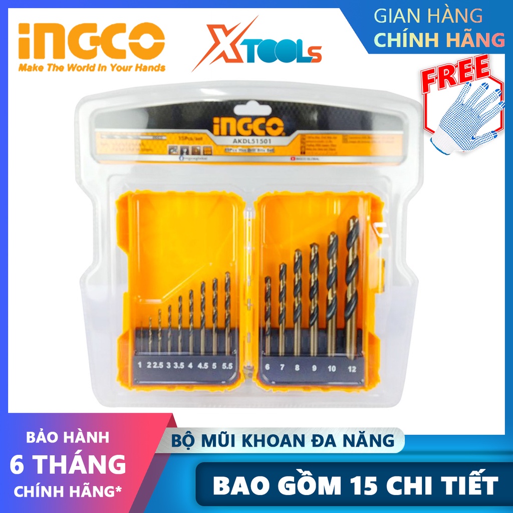 Bộ mũi khoan HSS 15 chi tiết INGCO AKDL51501 | bộ 15 mũi khoan kim loại Kích thước 1, 2, 2.5, 3, 3.5, 4, 5, 6, 7, 8, 9,