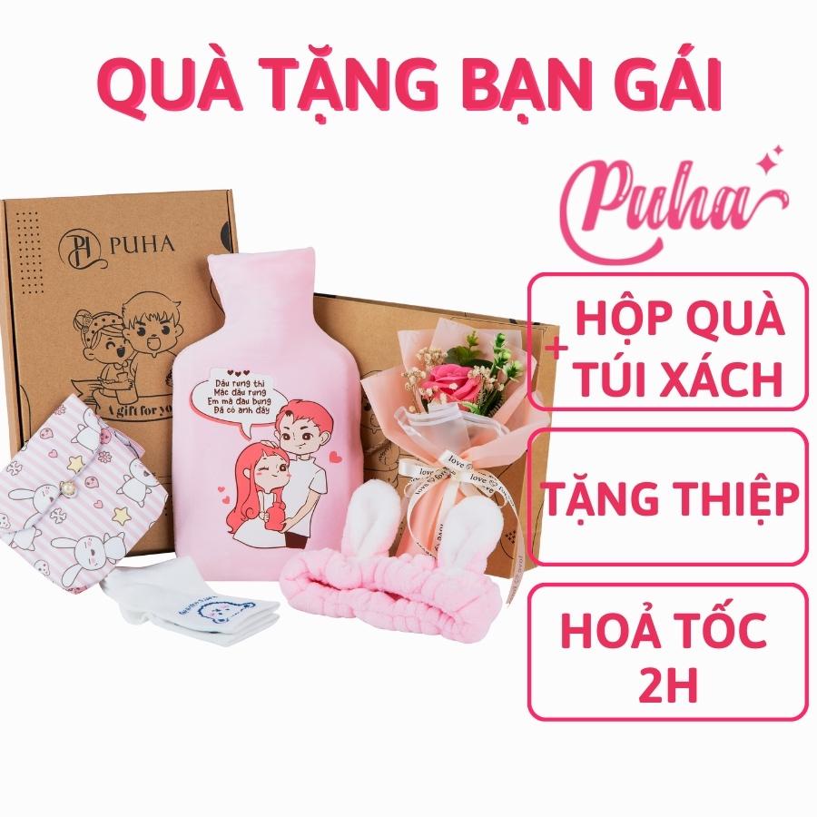 Set quà tặng sinh nhật bạn nữ ấm áp có túi chườm nóng 1000ml PUHA và nhiều món quà dễ thương