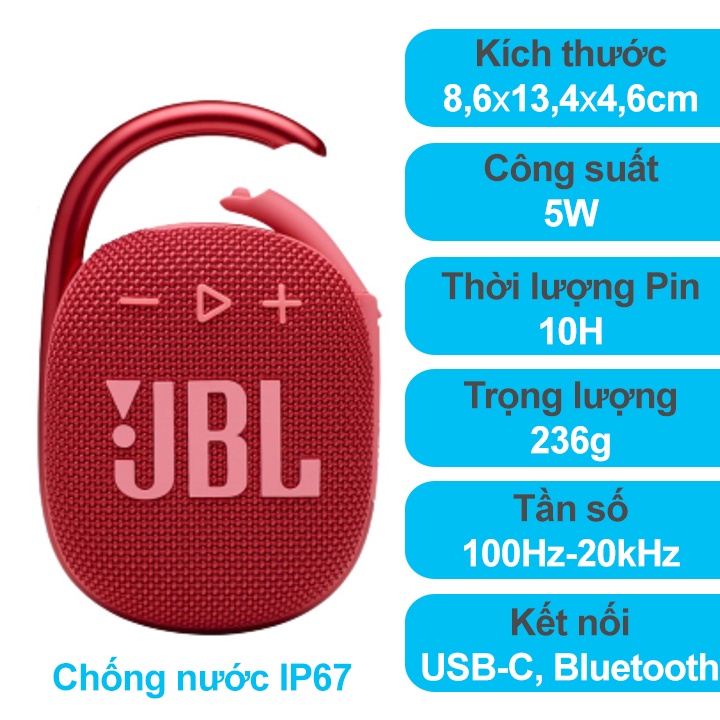 Loa Bluetooth Mini JBL Clip 4 Giá Rẻ Chính Hãng, Nhỏ Gọn, Tiện Lợi, Công Suất 5W, Chống Nước IP67, Bảo Hành 12 Tháng