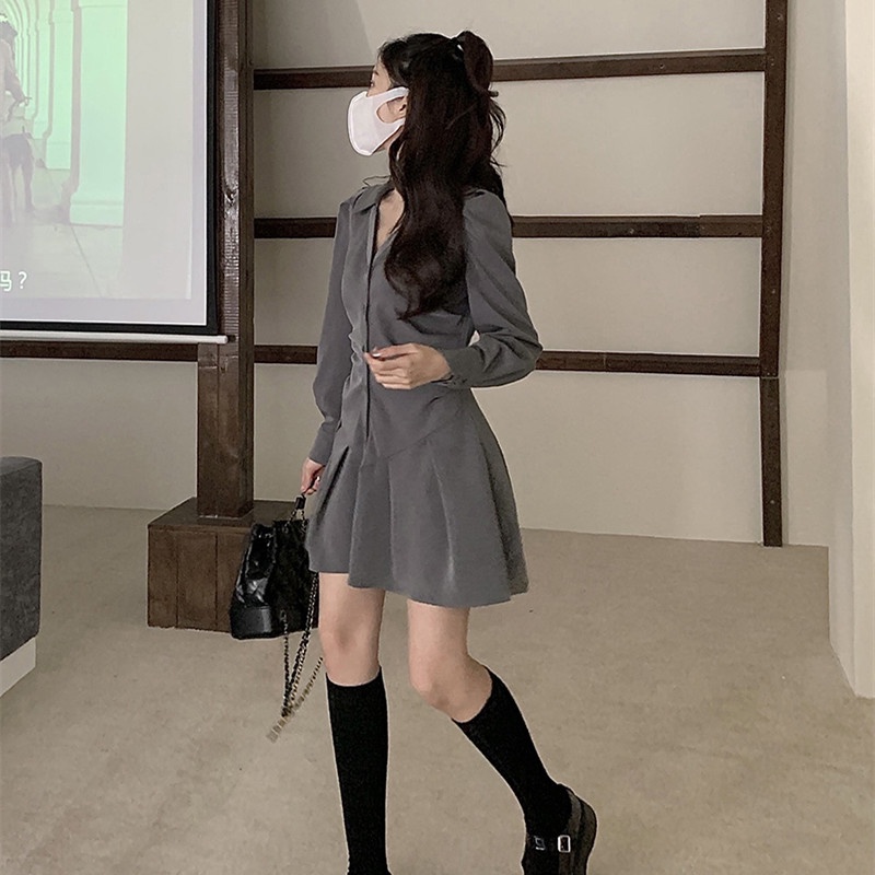 Đầm Sơ Mi Tay Dài Cổ Chữ V Thiết Kế Hợp Thời Trang