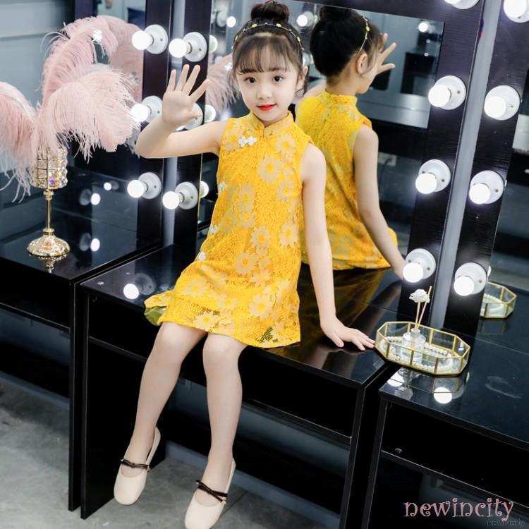 Đầm sườn xám sát nách cổ đứng cho bé gái