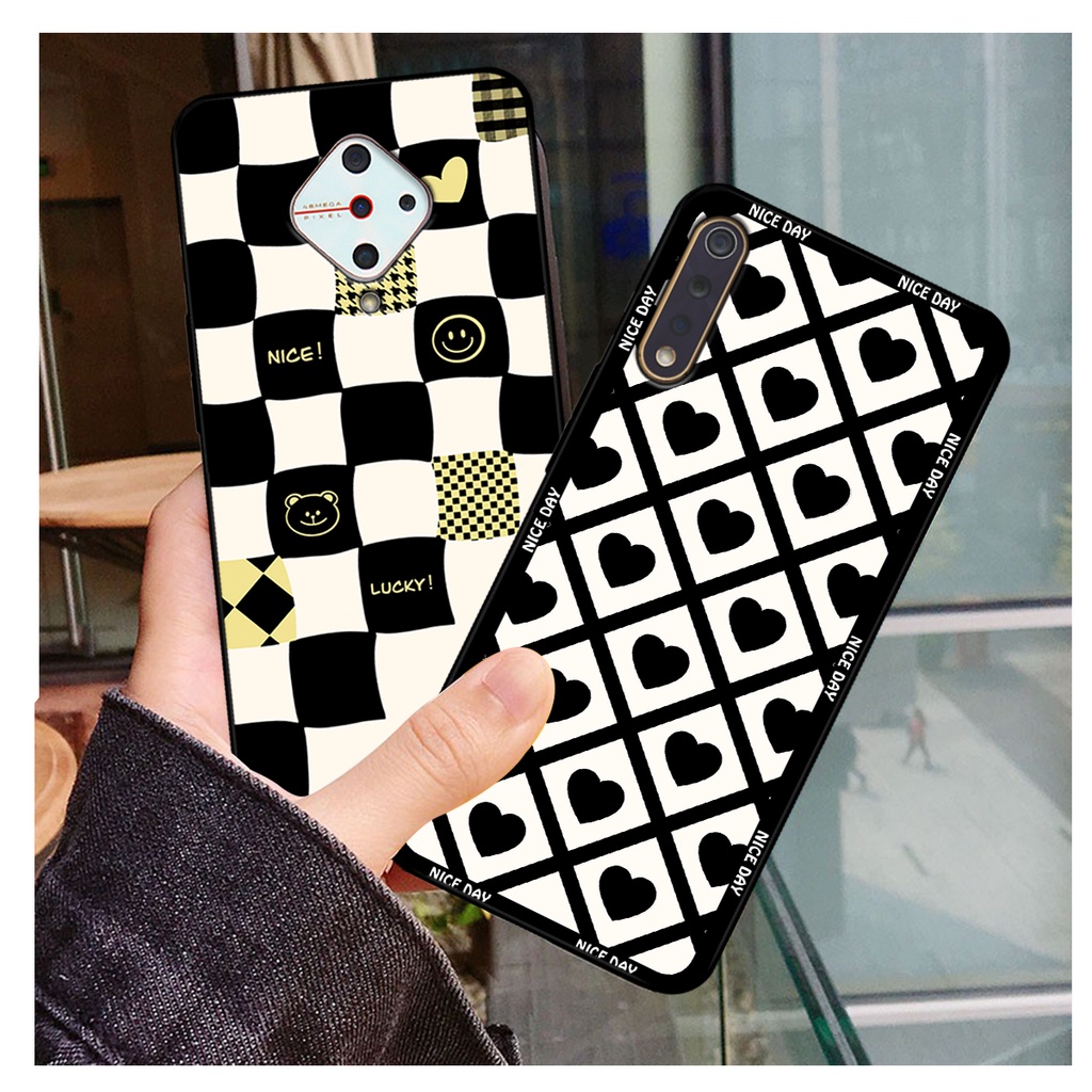 Ốp lưng Vivo S1 - Vivo S1 Pro in hoạ tiết caro trái tim đen trắng, gấu bear cute đáng yêu