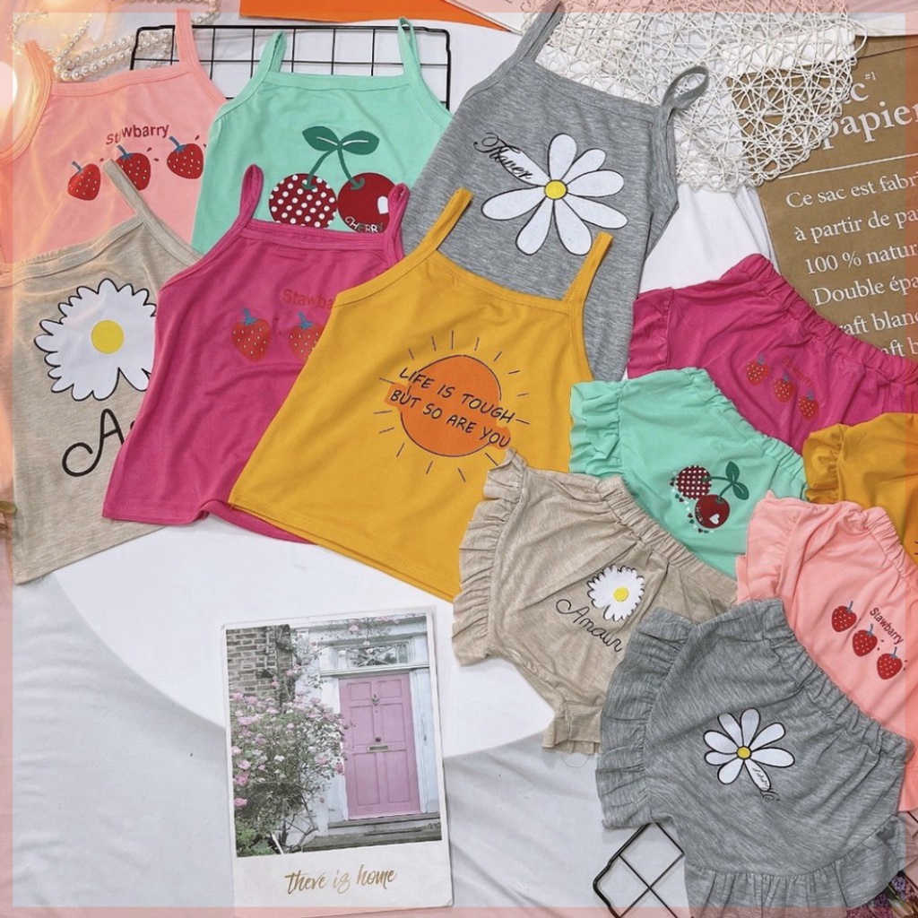 BỘ 2 DÂY BÉ GÁI VẢI COTTON IN HÌNH HOA QUẢ SUWBARRY SIÊU ĐÁNG YÊU