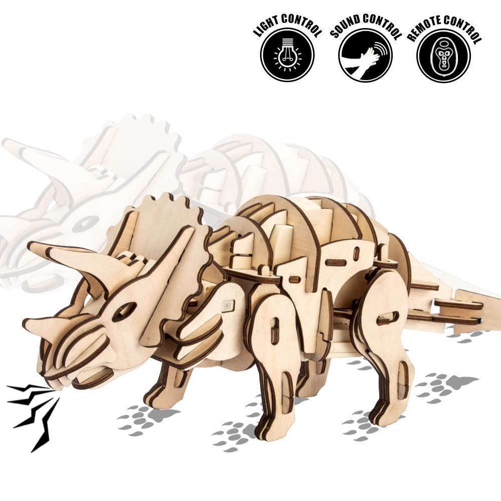 Rô-bốt lắp ráp khủng long Triceratops - Stegosaurus gỗ (Điều khiển bằng âm thanh/ánh sáng/remote) (Bản Tiếng Anh)