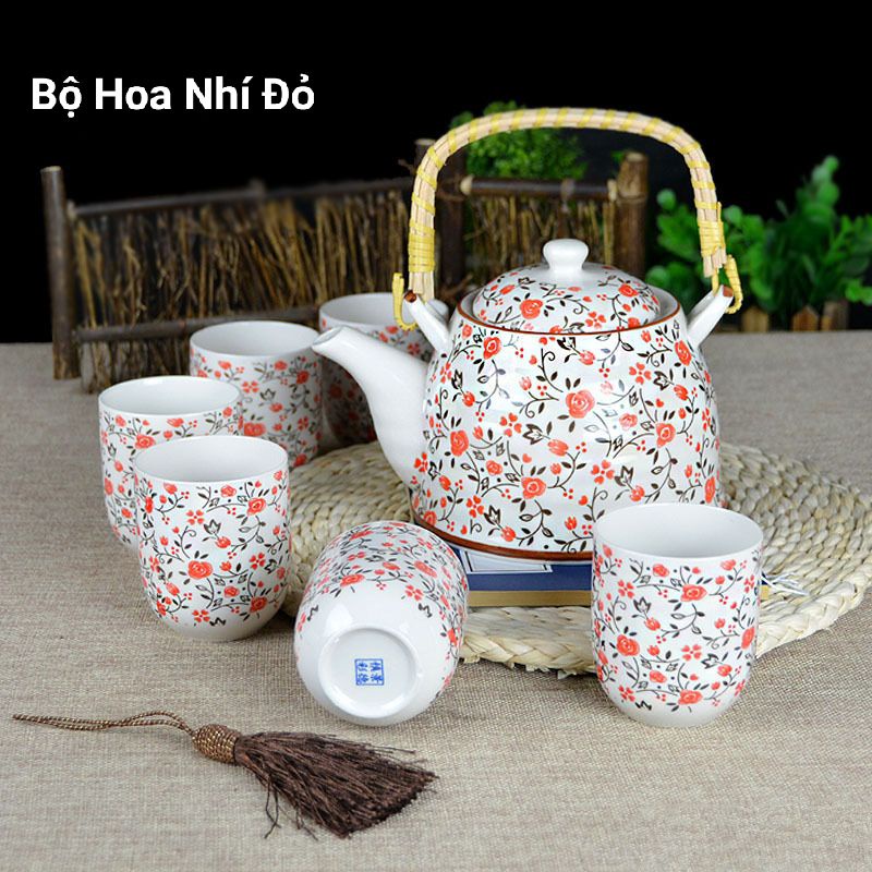 Combo bộ ấm chén uống trà 1 ấm 6 chén kèm khay gỗ hoạ tiết xinh xắn