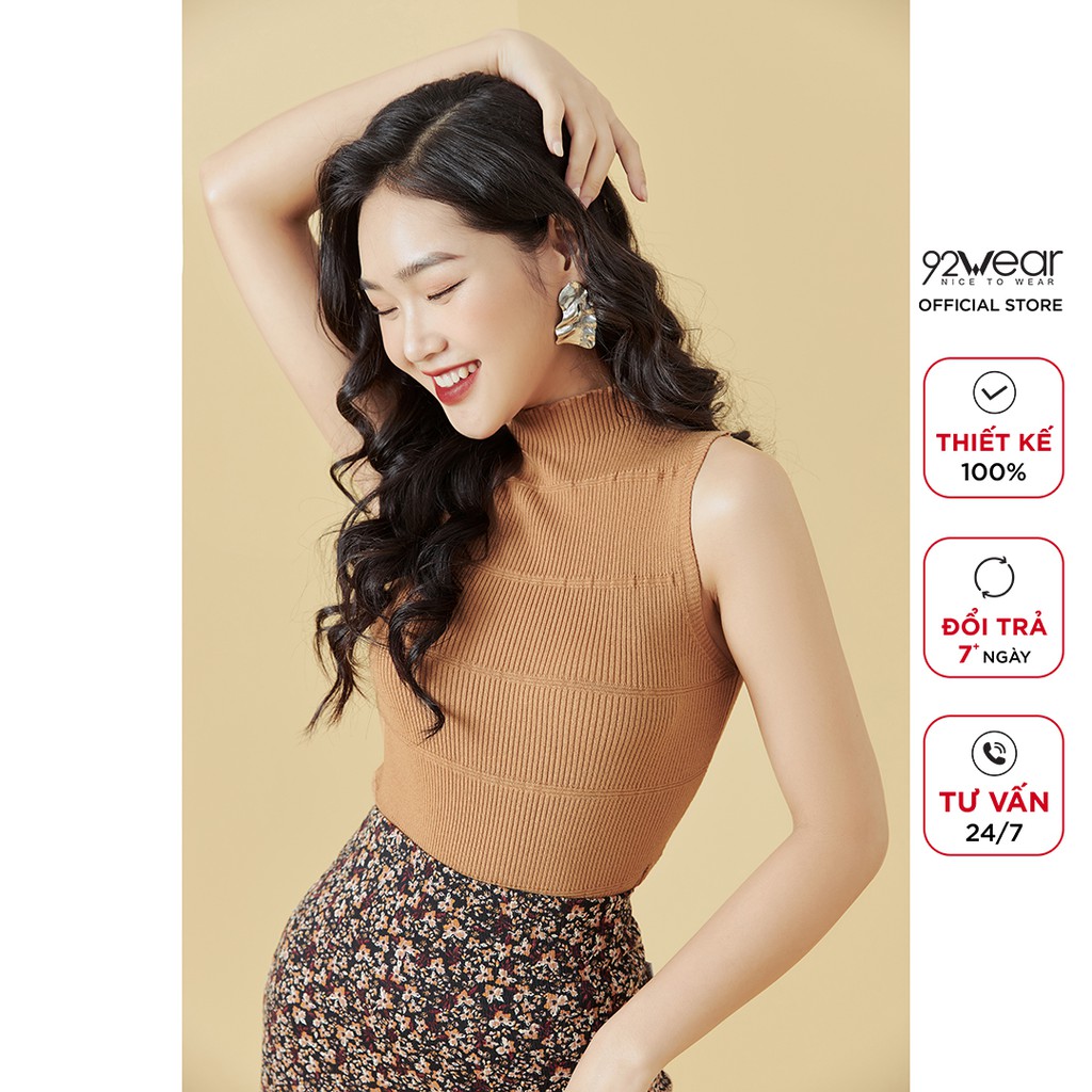 Áo len nữ 92WEAR màu màu Be Ghi mỏng sexy sát nách thiết kế bacsic trơn hàn quốc cổ cao trơn đẹp ALA0051 | BigBuy360 - bigbuy360.vn