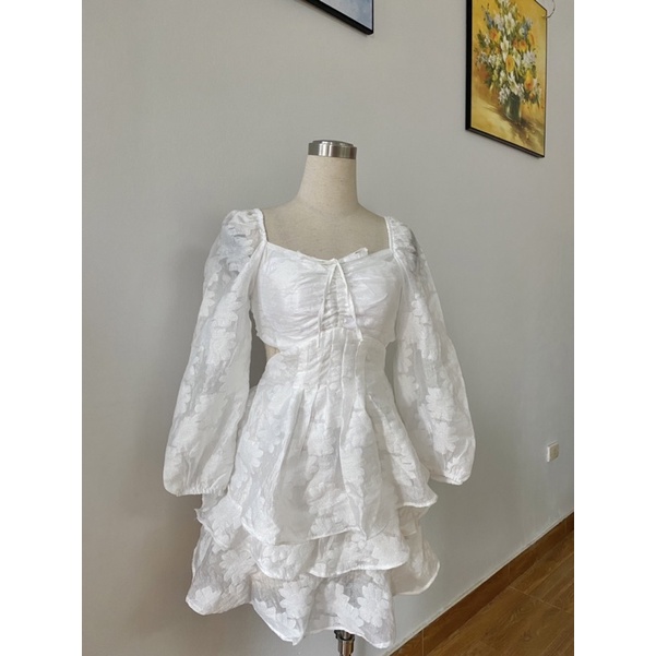 (ĐANG SẴN) Đầm thiên nga voan hoa nổi hở lưng có lót ngực 2 màu trắng xanh size S M L | BigBuy360 - bigbuy360.vn