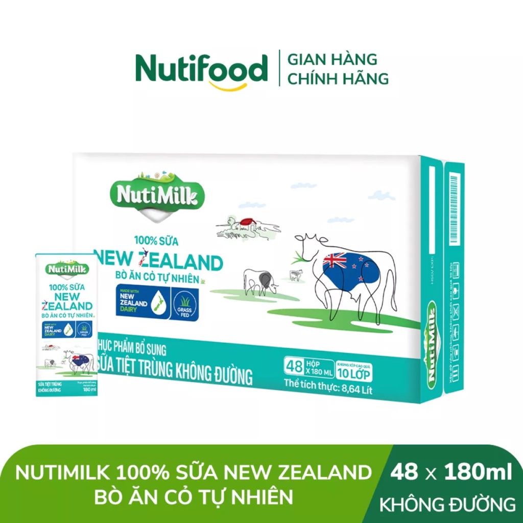 [HSD T11-2022] Thùng 100% sữa New Zealand bò ăn cỏ tự nhiên Không đường (48 hộp x 180ml)