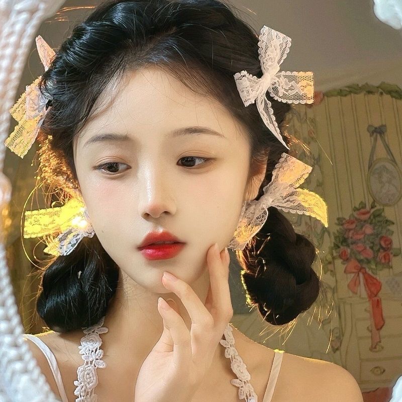 Set 4 kẹp tóc nơ ren màu trắng phong cách nhật bản Lolita