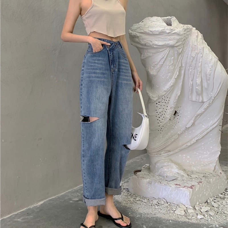 Quần Jean Dài Dáng Rộng Thiết Kế Rách Thời Trang Cá Tính