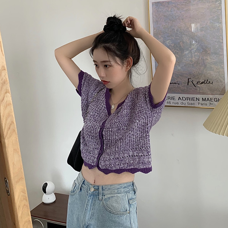 Áo Thun Dệt Kim Mỏng Dáng Ngắn Phối Bèo Xinh Xắn Cho Nữ