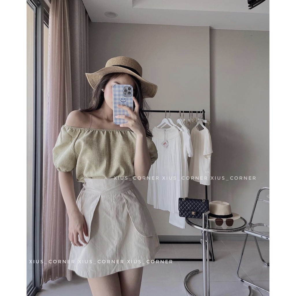Set áo linen xước mix chân váy kaki dày dặn S68