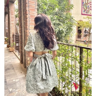 Đầm đi tiệc đầm gấm xốp tay phồng, Váy đi tiệc thắt nơ hở lưng tay bồng phong cách công chúa tiểu thư size S M L