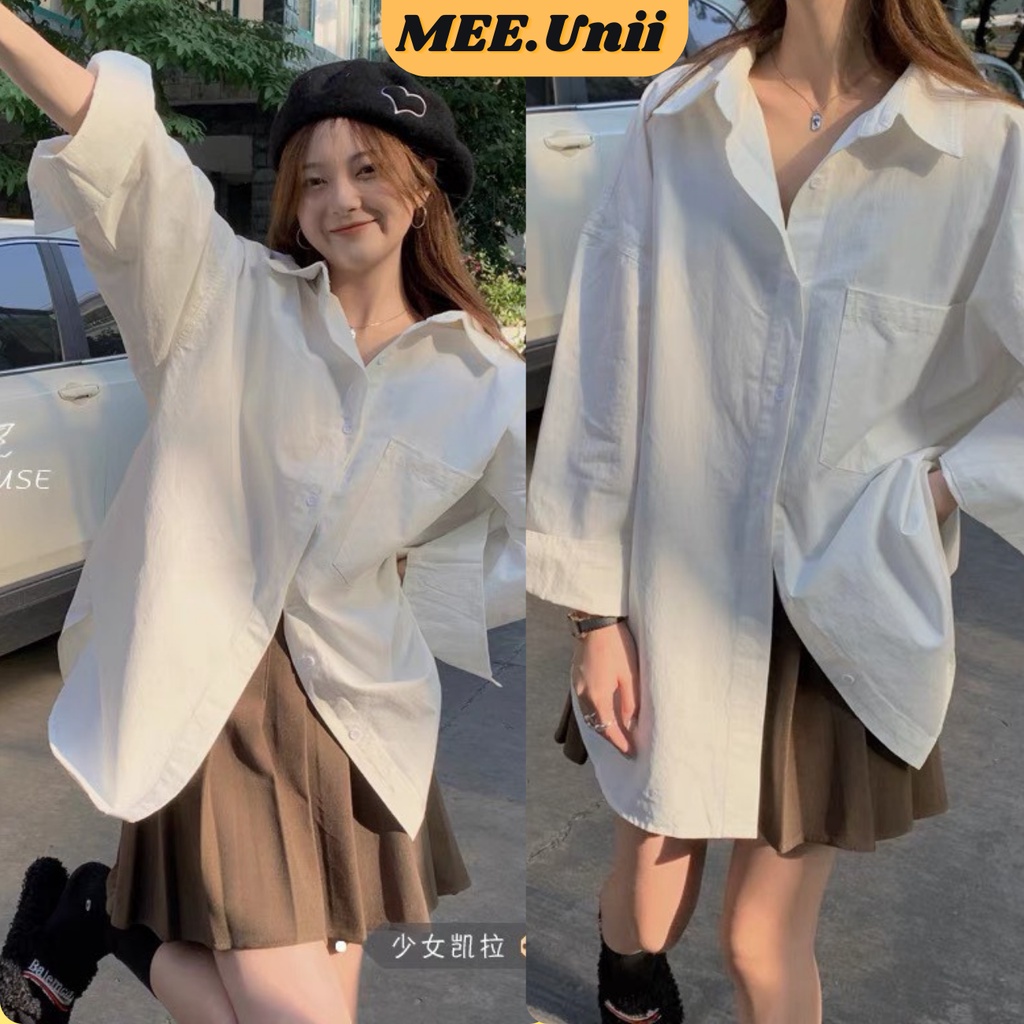 Áo sơ mi nữ trắng dáng rộng có túi MEE.Unii dài tay chất lụa hàn ít nhăn, áo sơ mi trắng nữ form rộng dài tay đuôi tôm
