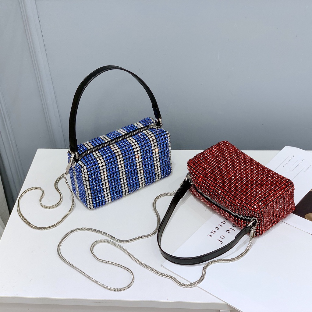 Túi Xách Đeo Vai Kiểu Vuông Nhỏ Đính Đá Kim Cương Giả Nhiều Màu Sắc Thời Trang Nữ 19cm