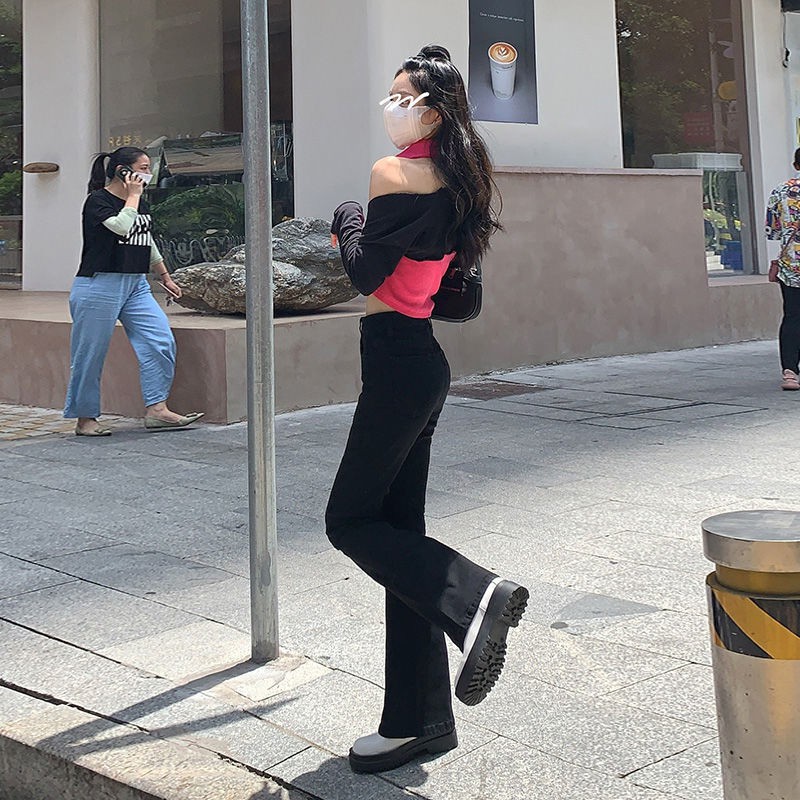 Quần jean ống loe lưng cao dáng ôm phong cách retro mới cho nữ 2021