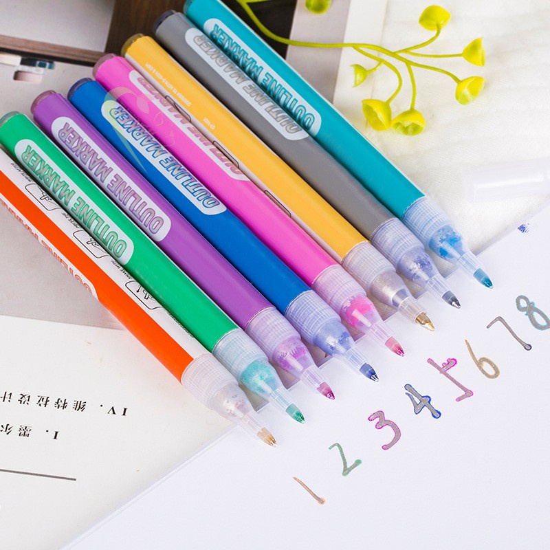 LE 8 Colors Double Line Outline Pen Highlighter Marker Pen for Writing Drawing @VN