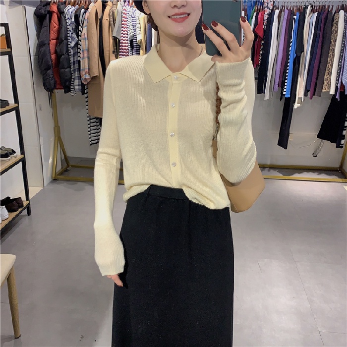 Áo ZHELIHANGFEI vải dệt kim cổ bẻ tay dài phong cách sang trọng