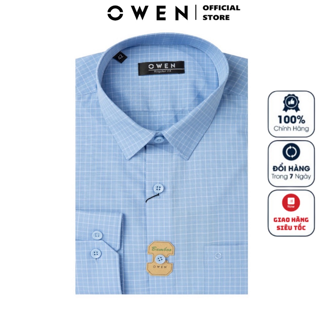 Áo Sơ Mi Nam Dài Tay OWEN AR220152DT Somi Công Sở Vải Sợi Tre Cao Cấp Màu Xanh Kẻ Caro Trắng Dáng Suông Tà Lượn Có Túi