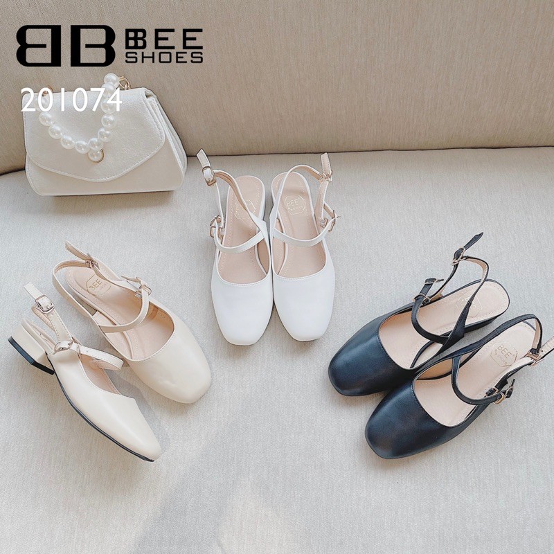 BEESHOES - GIÀY BÚP BÊ NỮ MŨI TRÒN CHẤT DA MỀM- GIÀY HẬU NỮ GÓT TRỤ CAO 3 PHÂN ĐI SIÊU ÊM SẴN MÀU ĐEN-BE-TRẮNG 201074