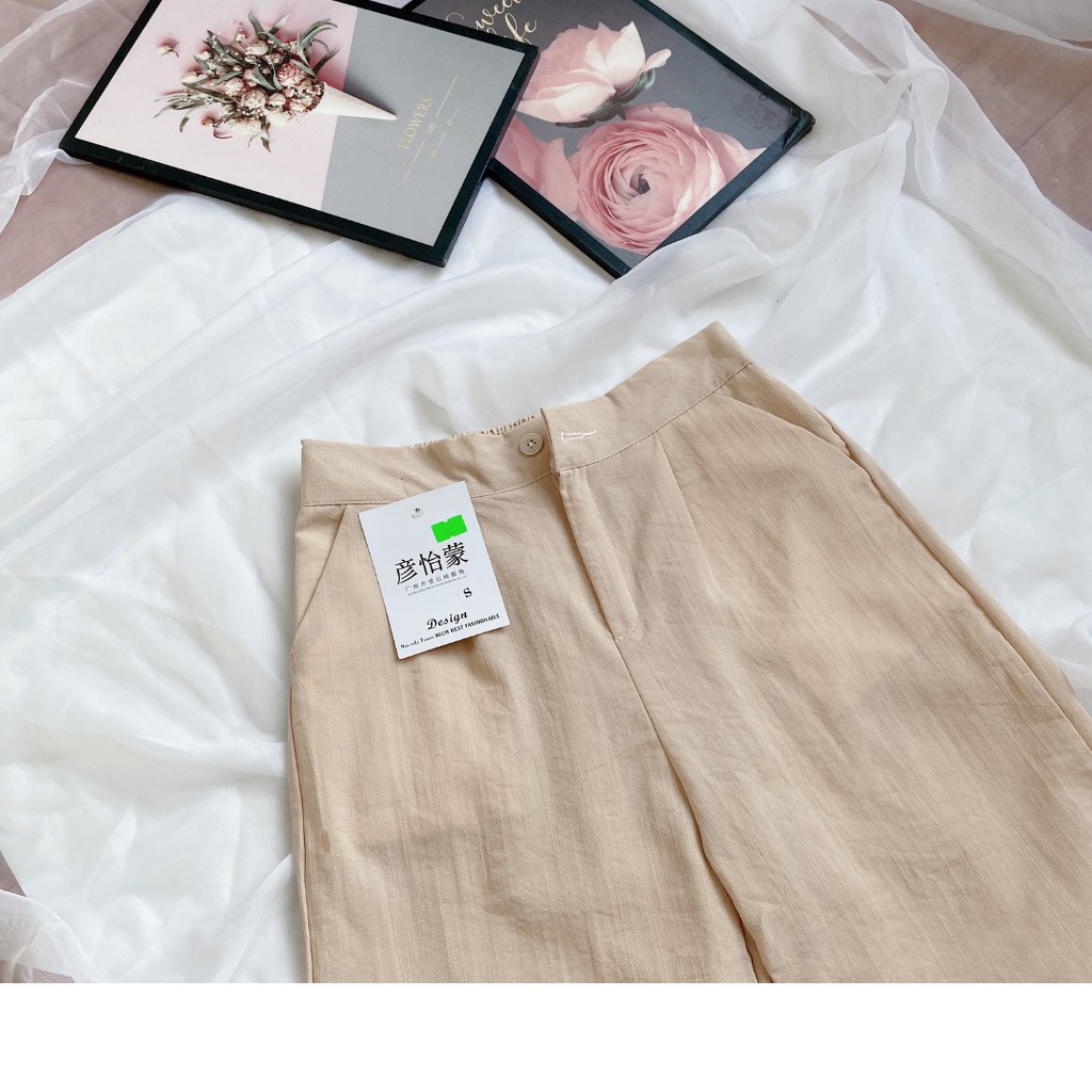 Quần culottes ống rộng chất vải đũi dáng dài lưng cao khóa thật cạp chun sau - Quần Đũi Ống Suông Rộng Lưng Thun Mặc Nhà