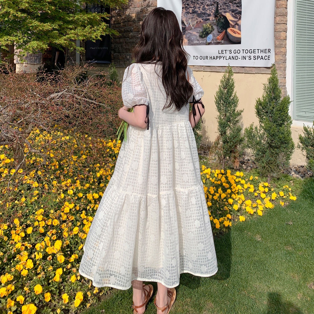 Đầm Dài Tay Phồng Màu Trắng Phong Cách Hàn Quốc Thời Trang Cho Nữ