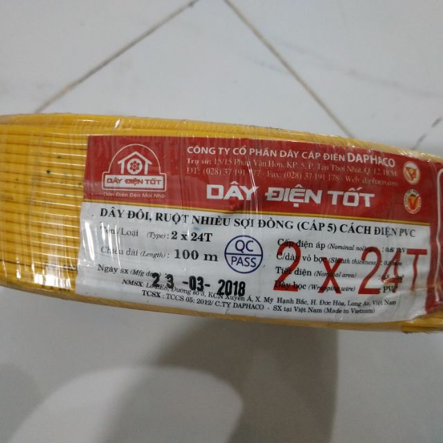 Dây điện đôi 2x24 loại tốt  Daphaco Nhựa bọc PVC chống cháy, cách điện cực tốt.