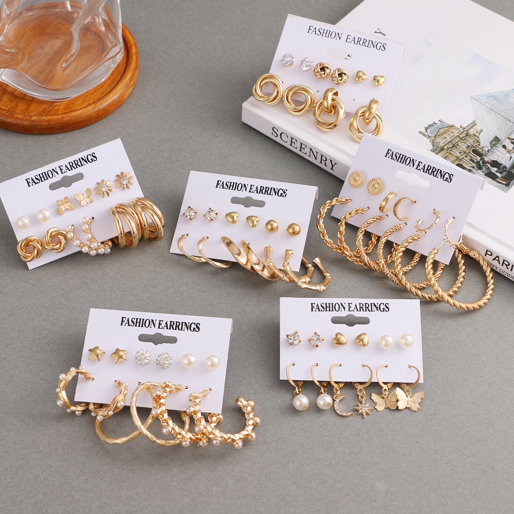 Set 6 đôi khuyên tai tua rua đính ngọc trai phong cách bohemian thời trang biển cho nữ
