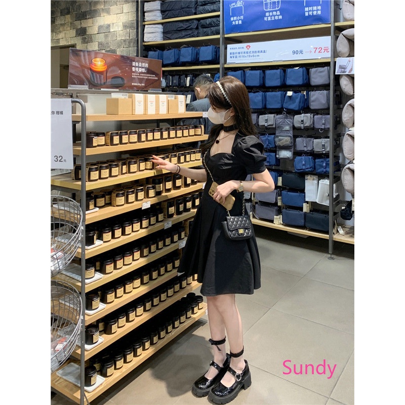 Đầm Tay Phồng Màu Đen Phong Cách Vintage Pháp Thời Trang Mùa Hè Cho Nữ