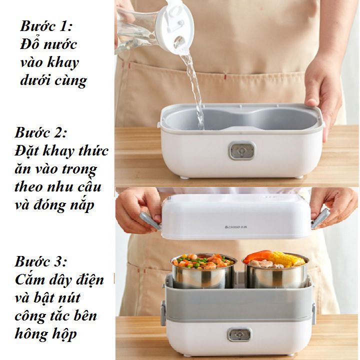 Hộp Cơm Giữ Nhiệt Cắm Điện 2 Tầng 4 Khay Inox , Hộp Cơm Điện Văn Phòng Hâm Nóng Dung Tích 2L Công Suất 200W, Tự Nấu Chín