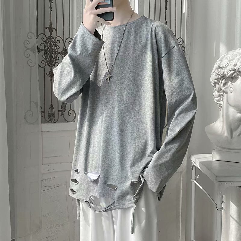 Áo thun tay dài màu trơn phối vết rách phong cách hip hop thời trang dành cho nam