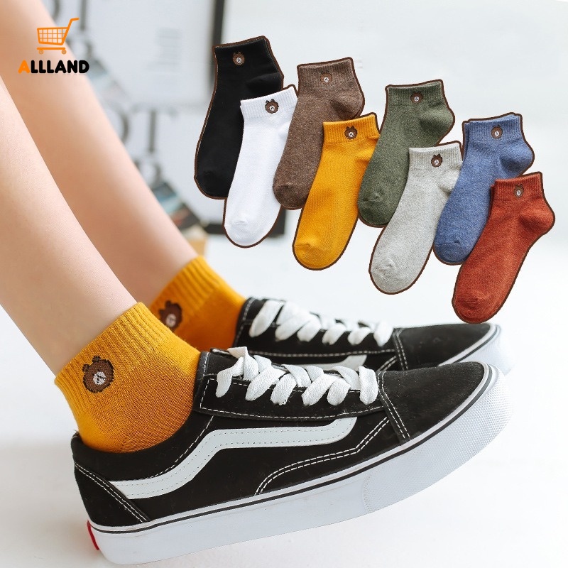 Bộ 10 Đôi Vớ Cổ Thấp Chống Trượt Thoáng Khí Thêu Họa Tiết Gấu Hoạt Hình Phong Cách Hàn Quốc Thời Trang Cho Nữ