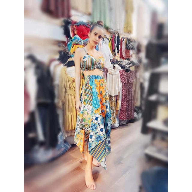 Set áo croptop Chân váy Xéo vải lụa HAWAI tôn dáng, dễ mặc