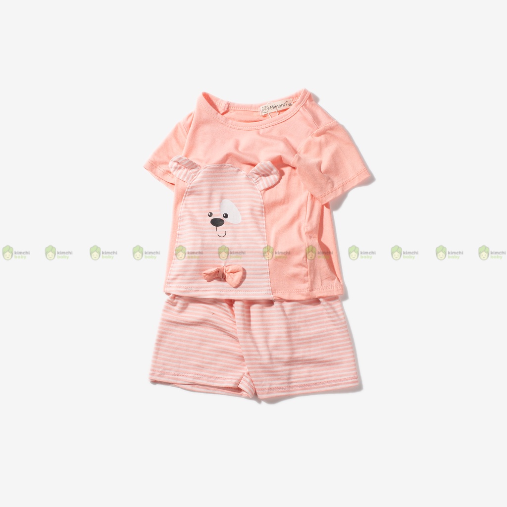 Bộ Cộc Tay Cho Bé Trai, Bé Gái KIMCHIBABY Vải Thun Lạnh Hoạ Tiết Gấu Kẻ Đính Nơ, Bộ Quần Áo Trẻ Em Mặc Nhà KW2212