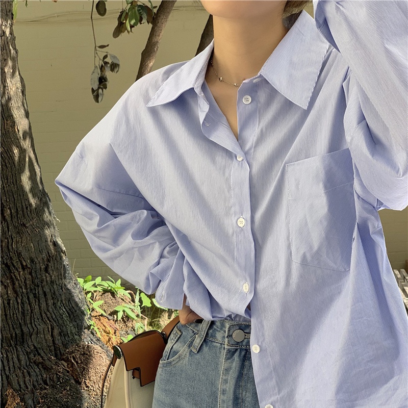 Áo Sơ Mi Nữ Dài Tay Màu Xanh Trắng Cổ Sơ Mi Thời Trang Hàn Quốc Chất Mát Mẻ Loại 1 Đủ Size Chất Mát Mịn