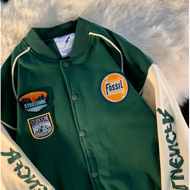 Áo khoác bóng chày dáng rộng thêu logo thời trang đường phố Mỹ