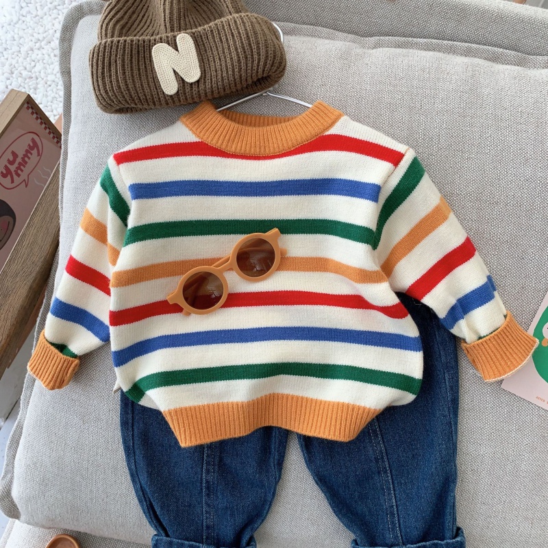 Áo Sweater Dệt Kim Tay Dài Cổ Tròn Kẻ Sọc Cầu Vồng Kiểu Hàn Quốc Dễ Thương Cho Bé