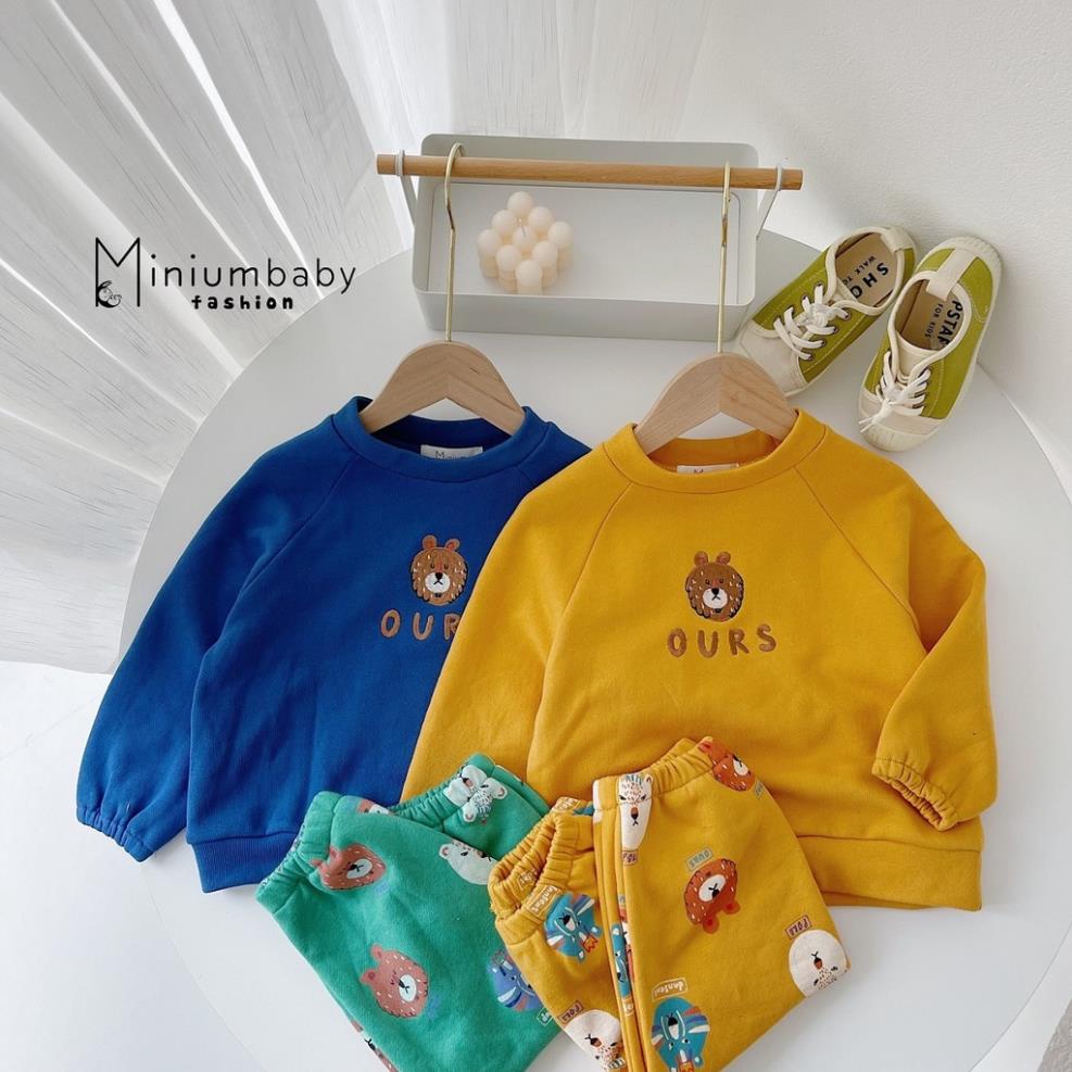 Bộ đồ dài tay quần dài thu đông thêu gấu cho bé gái/trai chất liệu cotton nỉ bông, set quần áo trẻ em MiniumBaby-SB1141