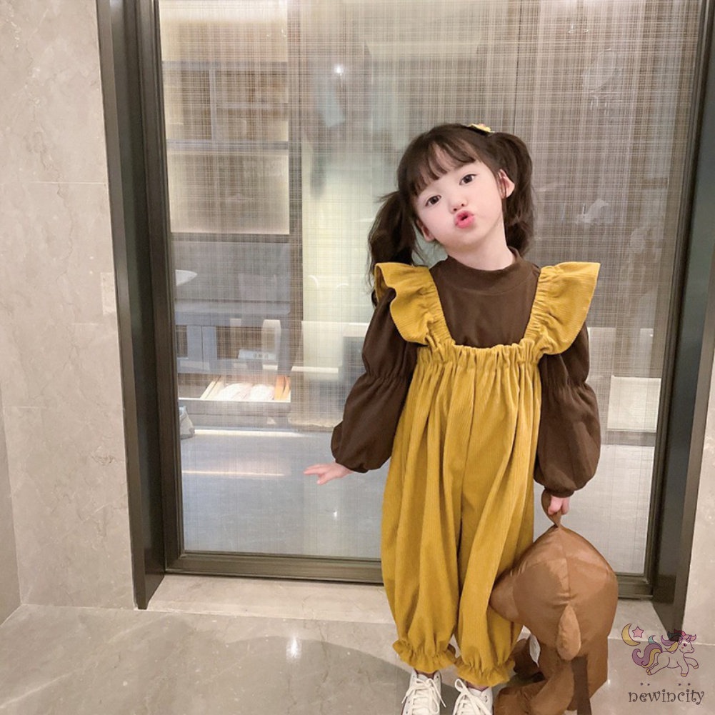 Bộ Áo Cổ Lọ Tay Phồng + Quần Yếm Vải Nhung Thời Trang Thu Đông Hàn Quốc Cho Bé Gái