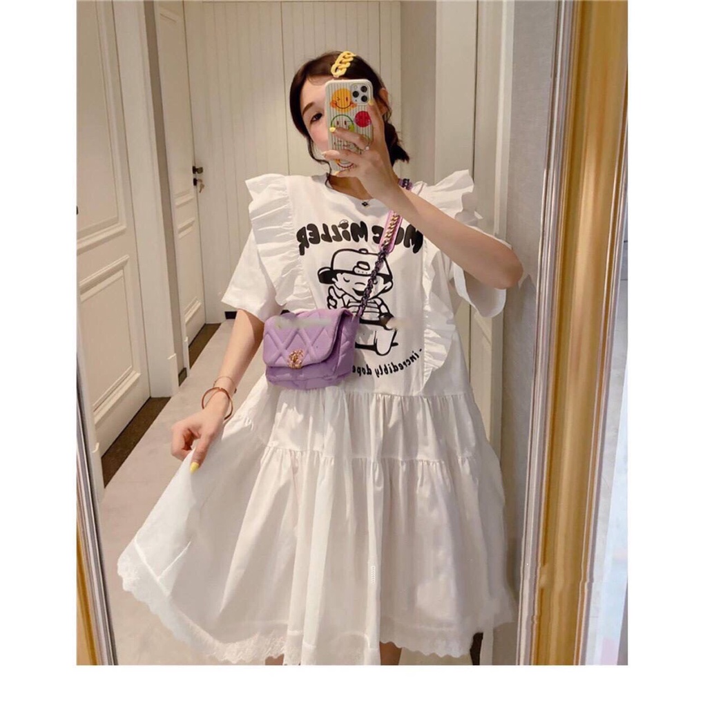 Đầm babydoll trắng bèo tầng hình dễ thương kèm ảnh thật, form xinh xắn